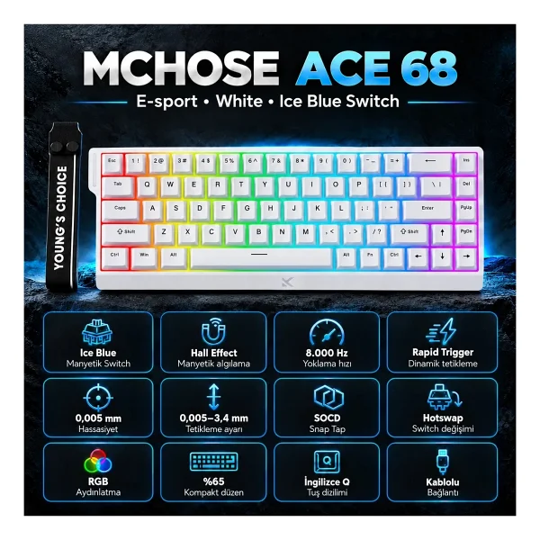 Mchose Ace 68 MC-ACE68-16 Topographic Beyaz RGB %65 TKL Uranus Magnetic Switch eSports Kablolu Mekanik Oyuncu Klavyesi - Görsel 10