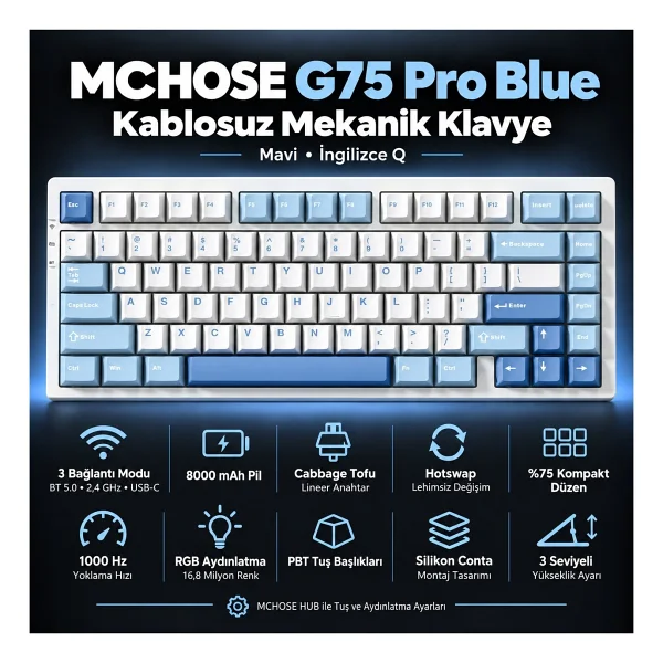 Mchose G75 Pro G75-9A RGB %75 TKL Matcha Latte Switch Kablolu/Kablosuz Mekanik Oyuncu Klavyesi - Görsel 8