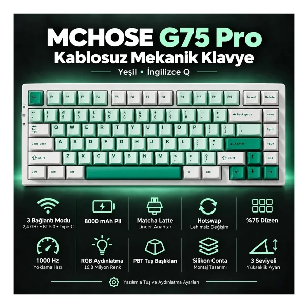 Mchose G75 Pro G75-9A RGB %75 TKL Matcha Latte Switch Kablolu/Kablosuz Mekanik Oyuncu Klavyesi - Görsel 9
