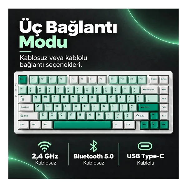 Mchose G75 Pro G75-9A RGB %75 TKL Matcha Latte Switch Kablolu/Kablosuz Mekanik Oyuncu Klavyesi - Görsel 3