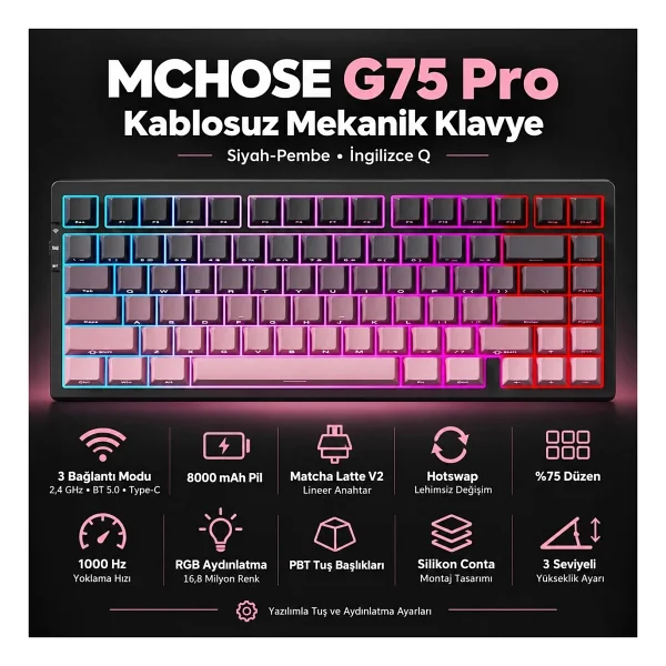 Mchose G75 Pro G75-9A RGB %75 TKL Matcha Latte Switch Kablolu/Kablosuz Mekanik Oyuncu Klavyesi - Görsel 10