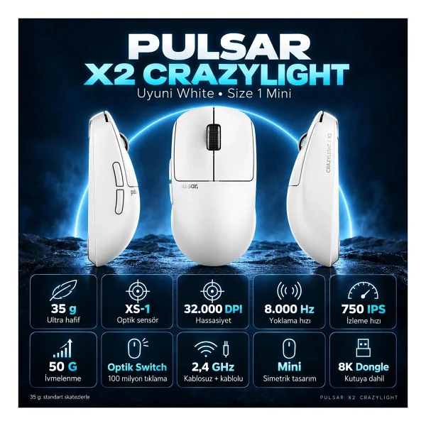 Pulsar X2 CrazyLight Uyuni White Beyaz Şarjlı Optik Kablosuz Oyuncu Mouse - Görsel 5