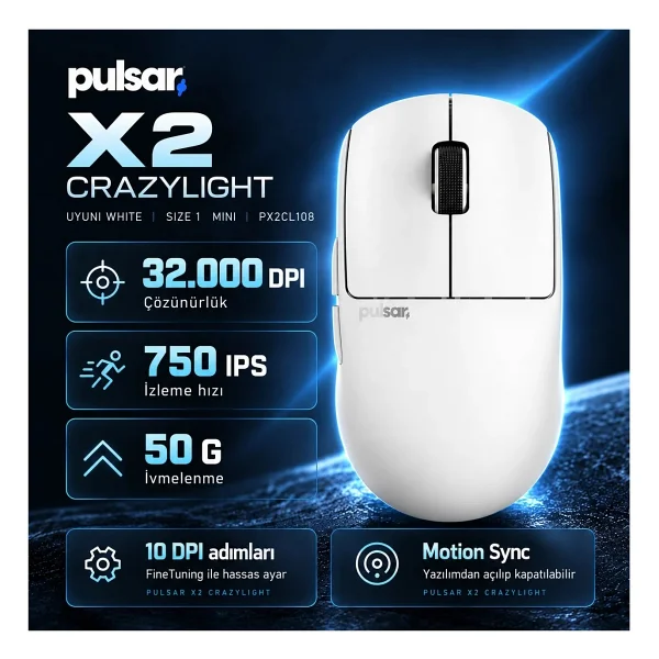 Pulsar X2 CrazyLight Uyuni White Beyaz Şarjlı Optik Kablosuz Oyuncu Mouse - Görsel 6