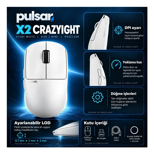 Pulsar X2 CrazyLight Uyuni White Beyaz Şarjlı Optik Kablosuz Oyuncu Mouse - Görsel 10