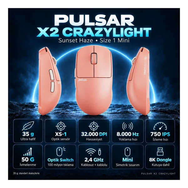 Pulsar X2 CrazyLight Sunset Haze Pembe Şarjlı Optik Kablosuz Oyuncu Mouse - Görsel 5