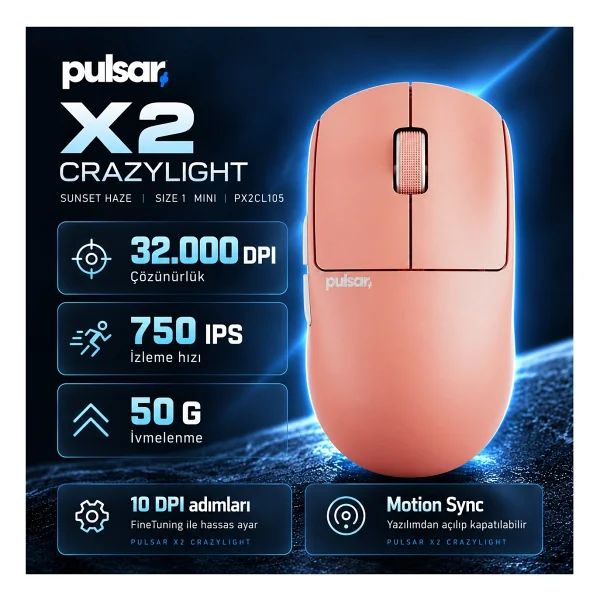 Pulsar X2 CrazyLight Sunset Haze Pembe Şarjlı Optik Kablosuz Oyuncu Mouse - Görsel 6