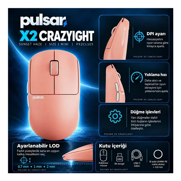 Pulsar X2 CrazyLight Sunset Haze Pembe Şarjlı Optik Kablosuz Oyuncu Mouse - Görsel 10