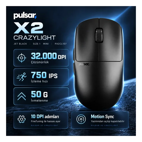 Pulsar X2 CrazyLight Jet Black Siyah Şarjlı Optik Kablosuz Oyuncu Mouse - Görsel 6