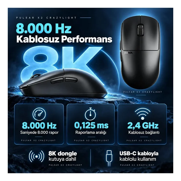 Pulsar X2 CrazyLight Jet Black Siyah Şarjlı Optik Kablosuz Oyuncu Mouse - Görsel 7