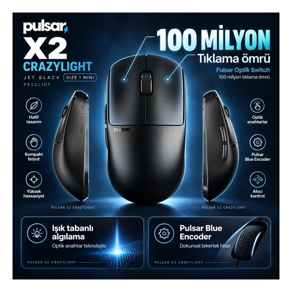 Pulsar X2 CrazyLight Jet Black Siyah Şarjlı Optik Kablosuz Oyuncu Mouse - Görsel 8