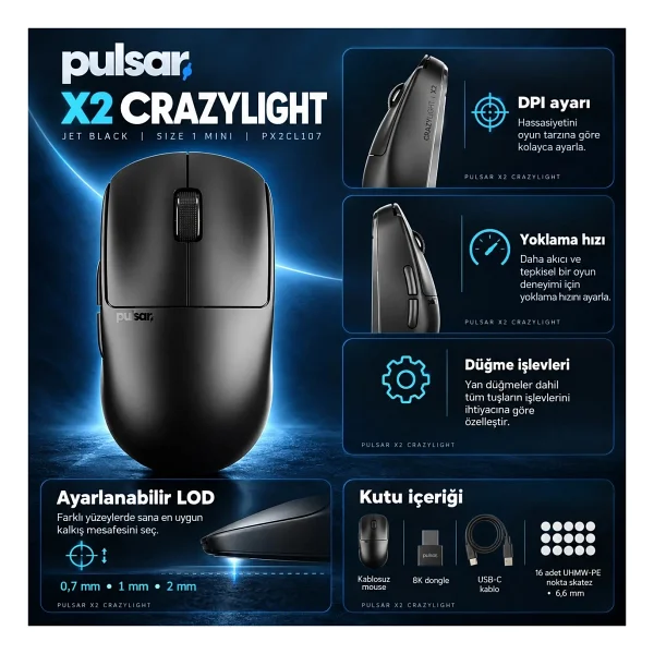 Pulsar X2 CrazyLight Jet Black Siyah Şarjlı Optik Kablosuz Oyuncu Mouse - Görsel 10
