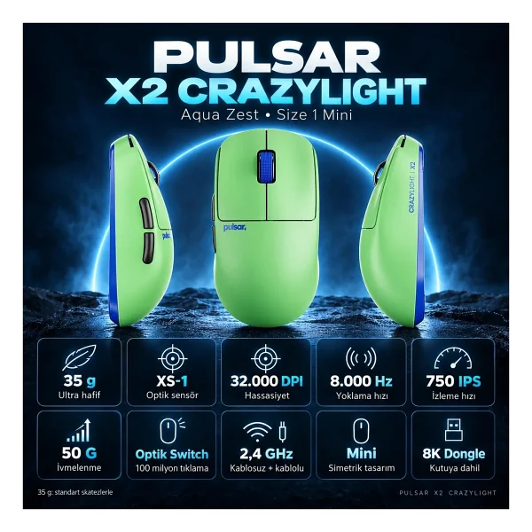 Pulsar X2 CrazyLight Aqua Zest Yeşil Şarjlı Optik Kablosuz Oyuncu Mouse - Görsel 5