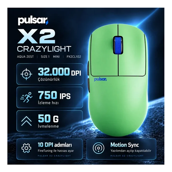 Pulsar X2 CrazyLight Aqua Zest Yeşil Şarjlı Optik Kablosuz Oyuncu Mouse - Görsel 6