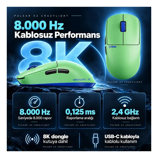 Pulsar X2 CrazyLight Aqua Zest Yeşil Şarjlı Optik Kablosuz Oyuncu Mouse - Görsel 7