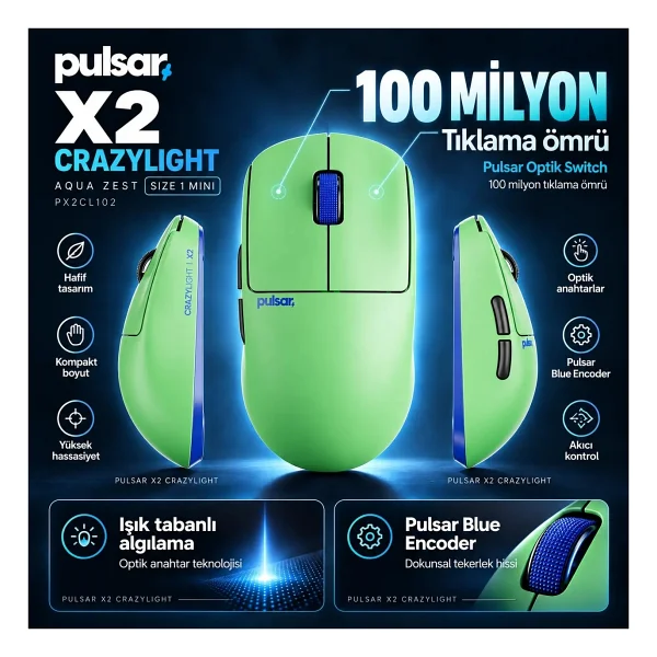Pulsar X2 CrazyLight Aqua Zest Yeşil Şarjlı Optik Kablosuz Oyuncu Mouse - Görsel 8