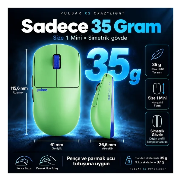 Pulsar X2 CrazyLight Aqua Zest Yeşil Şarjlı Optik Kablosuz Oyuncu Mouse - Görsel 9