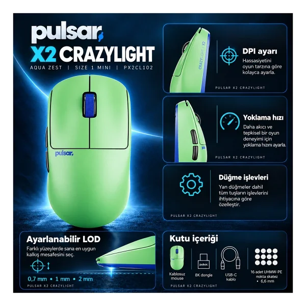 Pulsar X2 CrazyLight Aqua Zest Yeşil Şarjlı Optik Kablosuz Oyuncu Mouse - Görsel 10