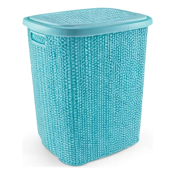 Kirli Çamaşır Sepeti Kapaklı 65 Lt Örgü Desenli Plastik Çamaşır Sepeti Banyo Sepeti - Turkuaz - Görsel 4