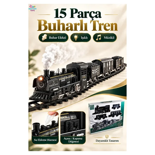 Brother Toys Duman Çıkartan Büyük Boy Pilli Sesli ve Işıklı 15 Parça Klasik Buharlı Tren Oyuncak Lokomotif Seti - Görsel 8