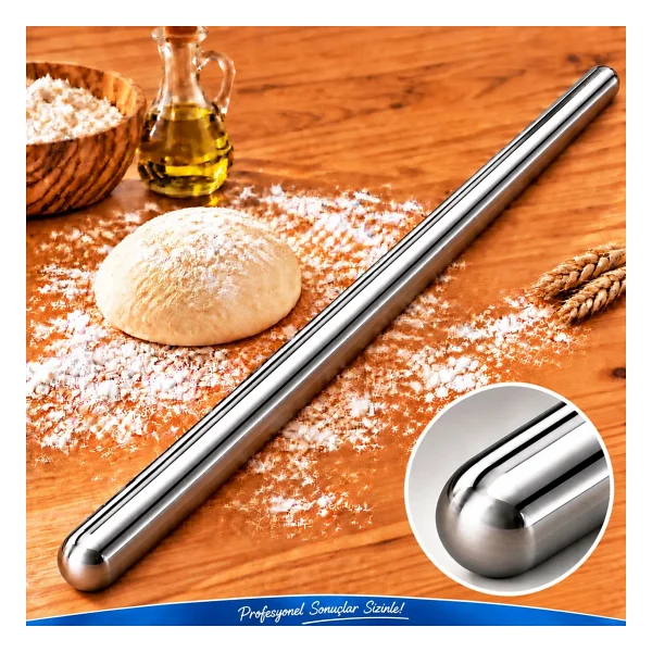 100cm Çelik Oklava 304 Kalite Paslanmaz Çelik Krom Metal Hamur Börek Baklava Yufka Açma Oklavası - Görsel 6