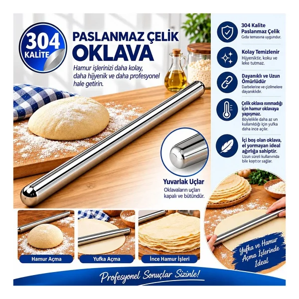 100cm Çelik Oklava 304 Kalite Paslanmaz Çelik Krom Metal Hamur Börek Baklava Yufka Açma Oklavası - Görsel 3