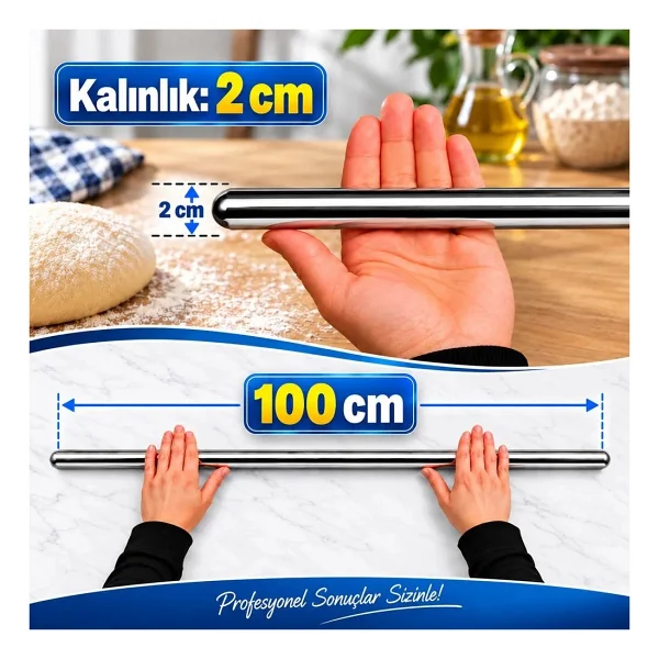 100cm Çelik Oklava 304 Kalite Paslanmaz Çelik Krom Metal Hamur Börek Baklava Yufka Açma Oklavası - Görsel 5