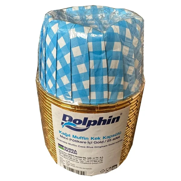 Dolphin Muffin Kağıt Karton Altın Mavi Desenli Cupcake Kek Kalıbı Kapsülü Kabı - 25 Adetlik 1 Paket - Görsel 6