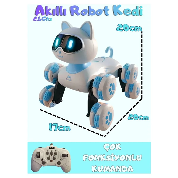 Boratila Toys Akıllı Robot Kedi 360 Derece Dönebilen Çok Fonksiyonlu Uzaktan Kumandalı Oyuncak - Mavi - Görsel 4