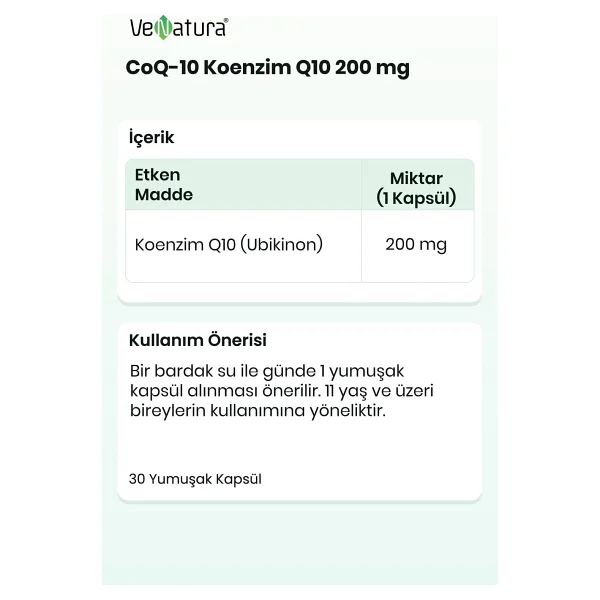 VeNatura Koenzim Q10 200 mg 30 Kapsül Takviye Edici Gıda Yetişkinler İçin Aromasız - Görsel 2