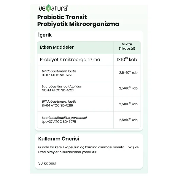 Venatura Probiotic Transit 30 Kapsül - Görsel 4