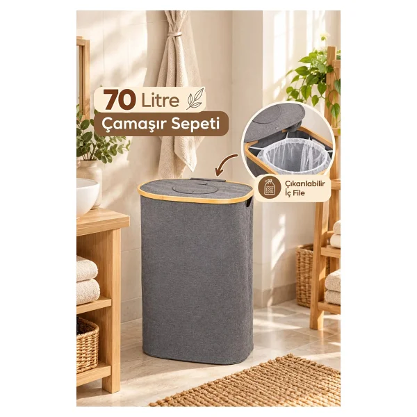 Porsima Mio-101 Bambu Banyo Kirli Çamaşır Sepeti Banyo Düzenleyici Sepet 44X66 cm - Görsel 10