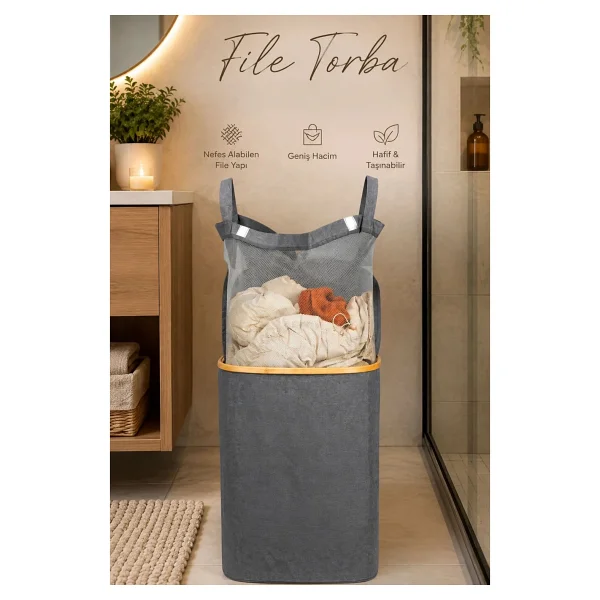 Porsima Mio-101 Bambu Banyo Kirli Çamaşır Sepeti Banyo Düzenleyici Sepet 44X66 cm - Görsel 2