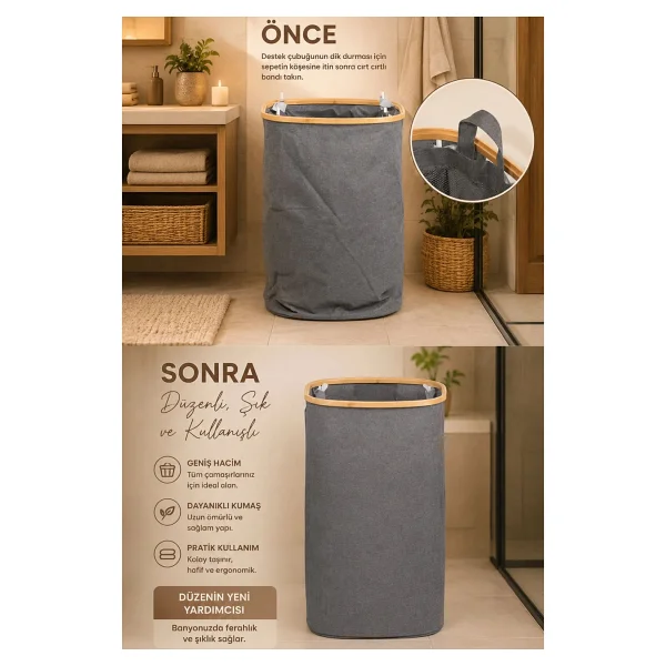 Porsima Mio-101 Bambu Banyo Kirli Çamaşır Sepeti Banyo Düzenleyici Sepet 44X66 cm - Görsel 3