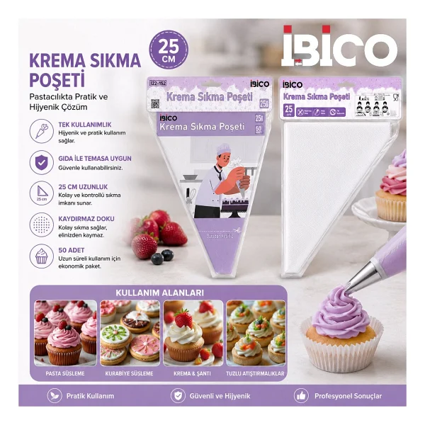 Naylon 25cm 50pcs Krema Sıkma Poşeti Torbası - Görsel 2