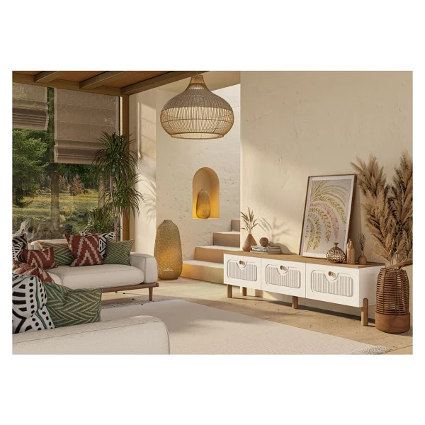 Mezza 4090 Napoli 180 cm (Membran Mdf Kapaklı) Bohem Tv Ünitesi Sepet - Beyaz - Meşe - Beyaz - Görsel 6
