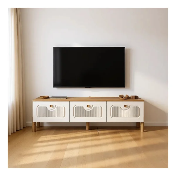 Mezza 4090 Napoli 180 cm (Membran Mdf Kapaklı) Bohem Tv Ünitesi Sepet - Beyaz - Meşe - Beyaz - Görsel 9