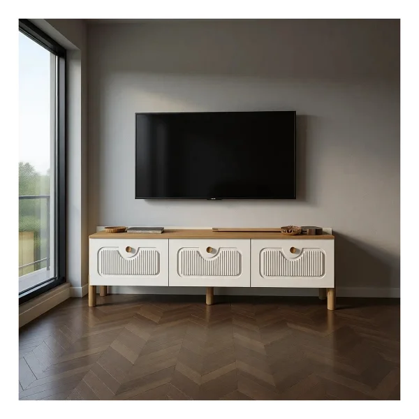 Mezza 4090 Napoli 180 cm (Membran Mdf Kapaklı) Bohem Tv Ünitesi Sepet - Beyaz - Meşe - Beyaz - Görsel 10