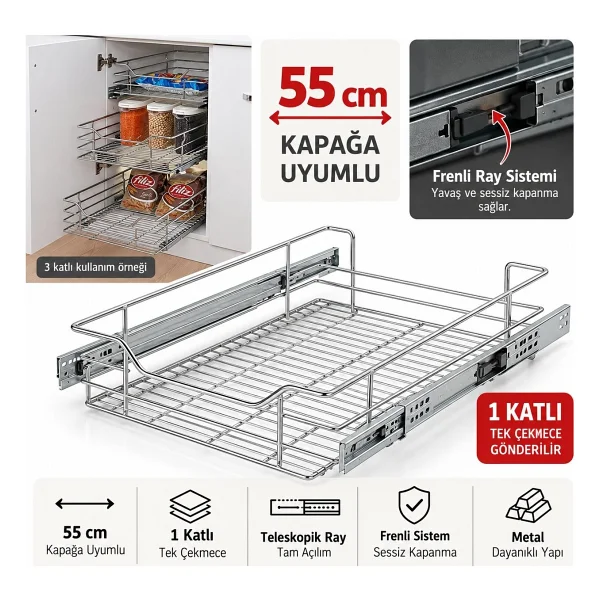 Huzur Mobilya Aksesuarları Bagımsız Teleskopık Frenlı Cekmece 55 cm - Kulp - Görsel 4