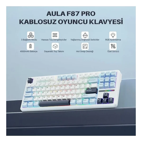 Aula F87 Pro Açık Mavi RGB TKL Graywood V3 Switch Kablolu/Kablosuz Mekanik Oyuncu Klavyesi - Görsel 9