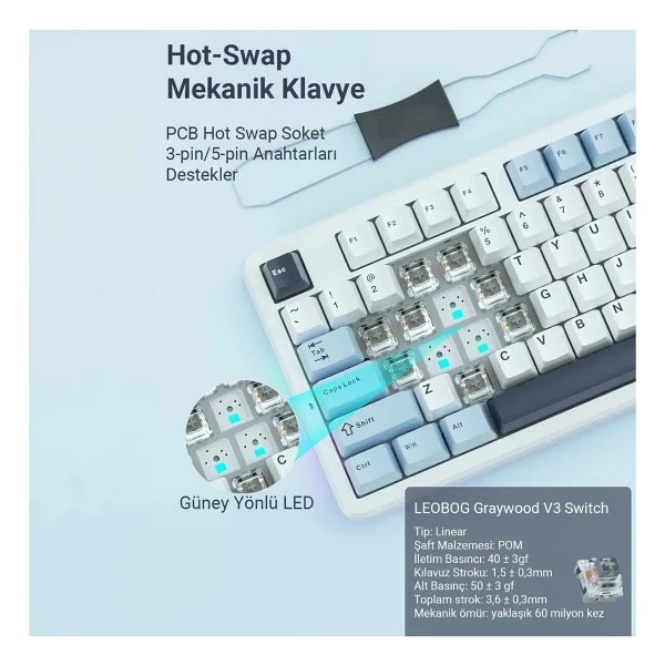 Aula F87 Pro Açık Mavi RGB TKL Graywood V3 Switch Kablolu/Kablosuz Mekanik Oyuncu Klavyesi - Görsel 10