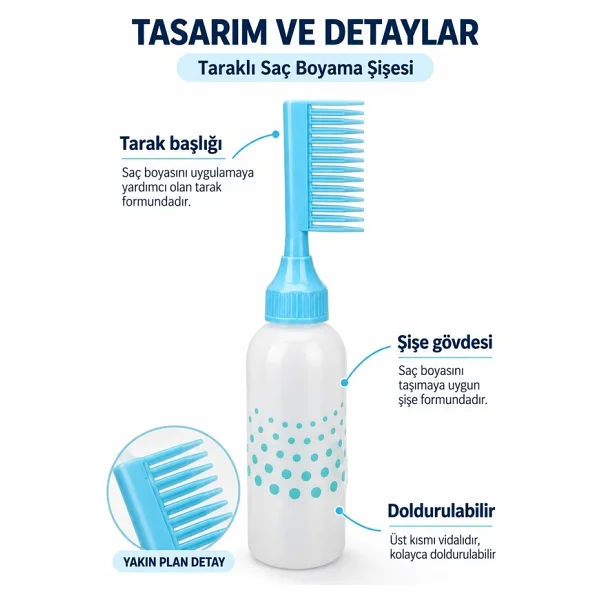 Mucit Home Taraklı Saç Boyama Şişesi Bakım Tarağı Saç Bakım Yağı Aplikatörü Saç Boyama Tarağı Şişesi - Görsel 2