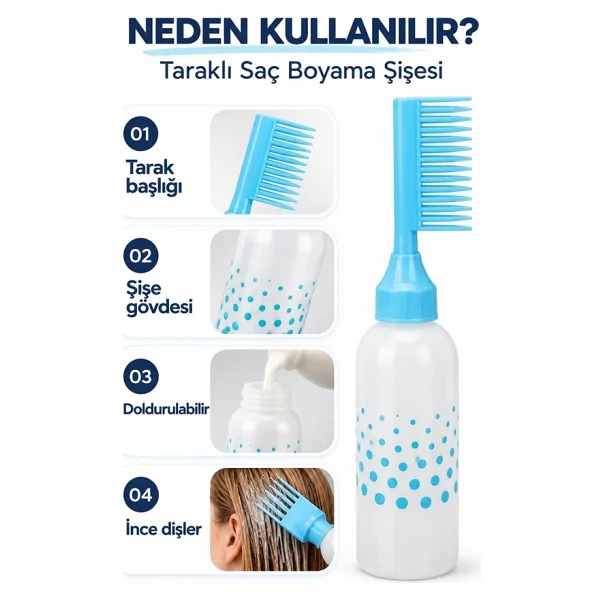 Mucit Home Taraklı Saç Boyama Şişesi Bakım Tarağı Saç Bakım Yağı Aplikatörü Saç Boyama Tarağı Şişesi - Görsel 3