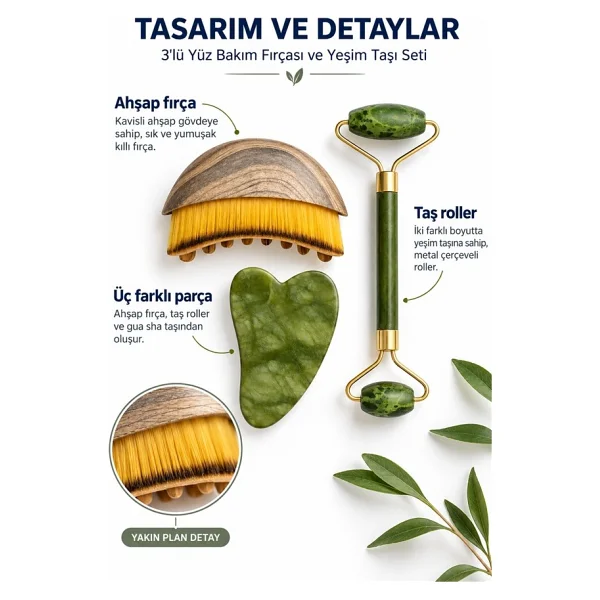 Mucit Home Lenf Drenaj Kuru Fırça ve Yeşim Taşı Roller 3 Lü Set Yüz, Boyun, Göz ve Vücut Masaj Aleti - Görsel 2