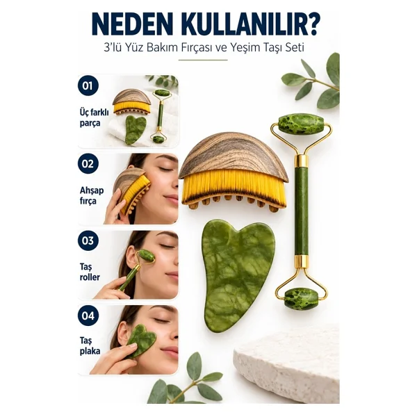 Mucit Home Lenf Drenaj Kuru Fırça ve Yeşim Taşı Roller 3 Lü Set Yüz, Boyun, Göz ve Vücut Masaj Aleti - Görsel 3