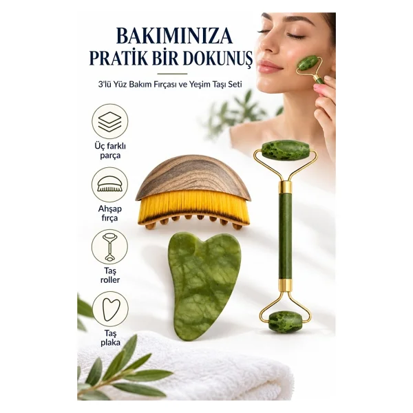 Mucit Home Lenf Drenaj Kuru Fırça ve Yeşim Taşı Roller 3 Lü Set Yüz, Boyun, Göz ve Vücut Masaj Aleti - Görsel 4