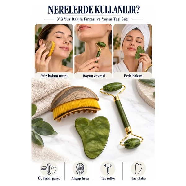 Mucit Home Lenf Drenaj Kuru Fırça ve Yeşim Taşı Roller 3 Lü Set Yüz, Boyun, Göz ve Vücut Masaj Aleti - Görsel 5