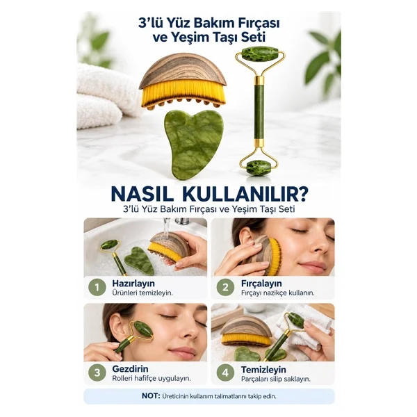 Mucit Home Lenf Drenaj Kuru Fırça ve Yeşim Taşı Roller 3 Lü Set Yüz, Boyun, Göz ve Vücut Masaj Aleti - Görsel 6