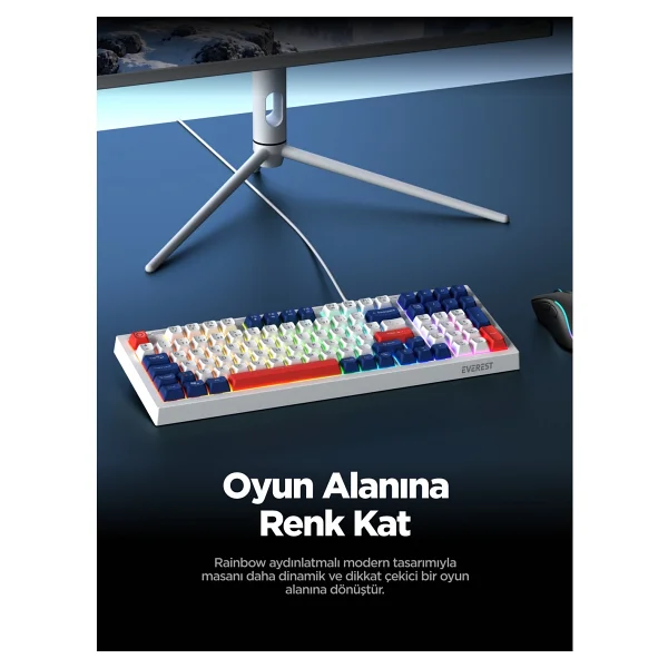 Everest Silent KB-98 Beyaz-Mavi-Kırmızı Membrane Switch Kablolu Oyuncu Klavyesi - Görsel 6