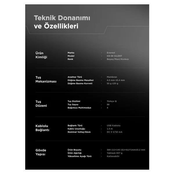 Everest Silent KB-98 Beyaz-Mavi-Kırmızı Membrane Switch Kablolu Oyuncu Klavyesi - Görsel 7