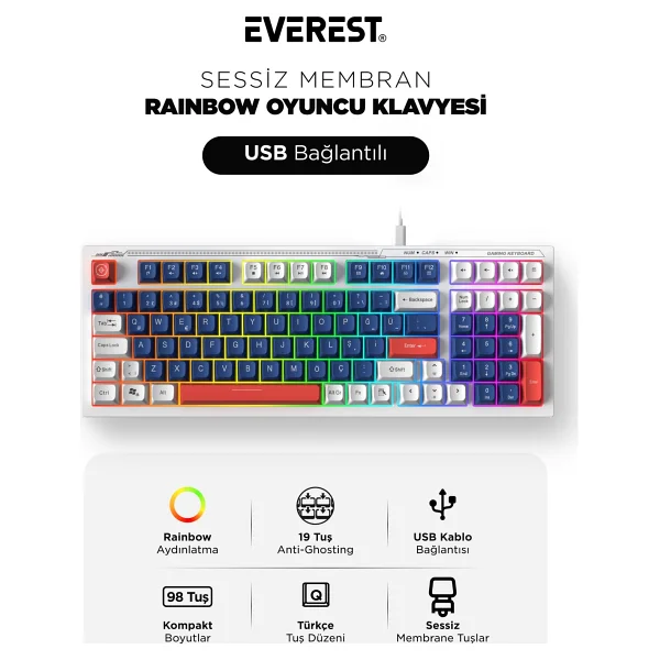 Everest Silent KB-98 Membrane Switch Kablolu Oyuncu Klavyesi - Görsel 10